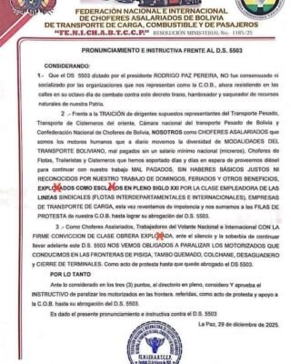 Choferes asalariados anuncian bloqueos en fronteras contra el Decreto 5503 y respaldan las movilizaciones de la COB 2 608921656 1200096835580660 1002116982343406591 n
