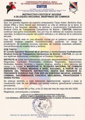 Csutcb instruye masificar puntos de bloqueo en el país hasta la renuncia del presidente Paz 2 706795035 1426150629555937 3174251645126327842 n