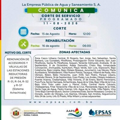Epsas anuncia corte de agua en 70 zonas de La Paz este sábado 15 de agosto 2 773362152 1025583113653964 1030083098719904549 n
