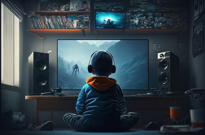 Santa Cruz: Niño fue abusado víctima de abuso sexual por el amigo de su mamá Screenshot 2024 07 05 at 12 32 50 Nino jugando videojuegos antiguos en el dormitorio Nino espalda con espalda en la antigua sala de juegos IA generativa Foto Premium