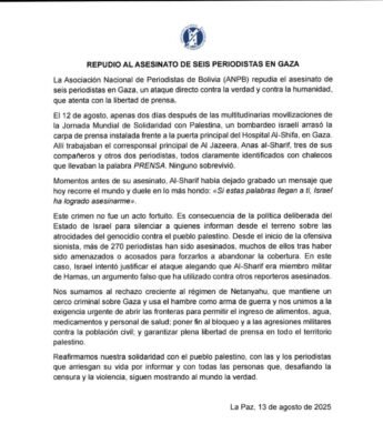Asociación de periodistas de Bolivia repudia asesinato de reporteros en Gaza y denuncia ataque contra la libertad de prensa 2 WhatsApp Image 2025 08 13 at 4.59.27 PM