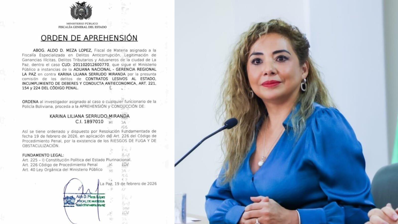 Emiten orden de aprehensión contra la expresidenta de la Aduana Karina Serrudo por Contratos Lesivos al Estado WhatsApp Image 2026 02 19 at 8.12.27 PM