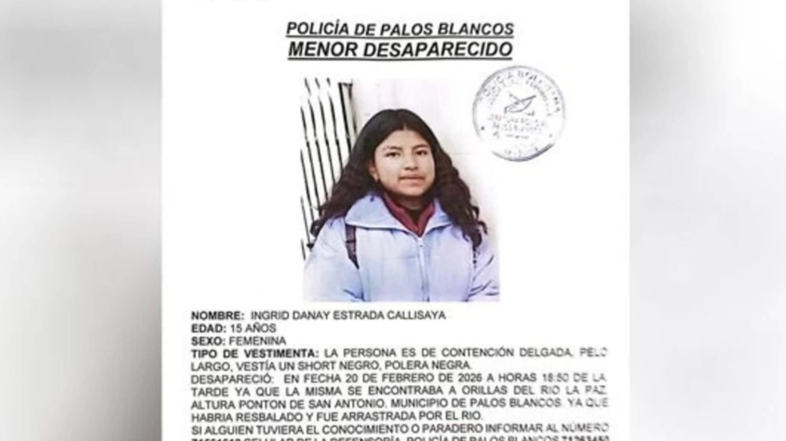 Policía busca a una joven 15 años quien desapareció en el rio La Paz en Palos Blancos WhatsApp Image 2026 02 23 at 2.56.54 PM